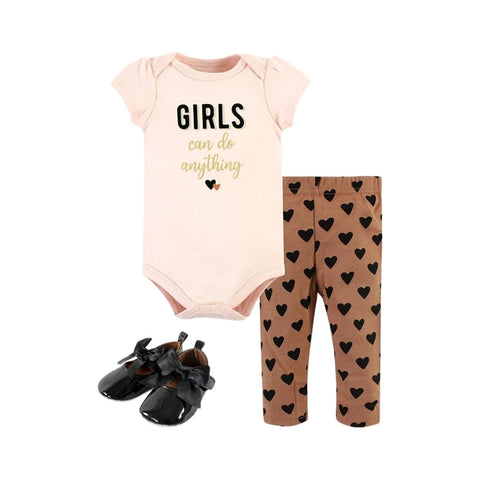 Conjunto Mameluco, Pantalón y Zapatos Bebé Niña Girls Can Do Anything