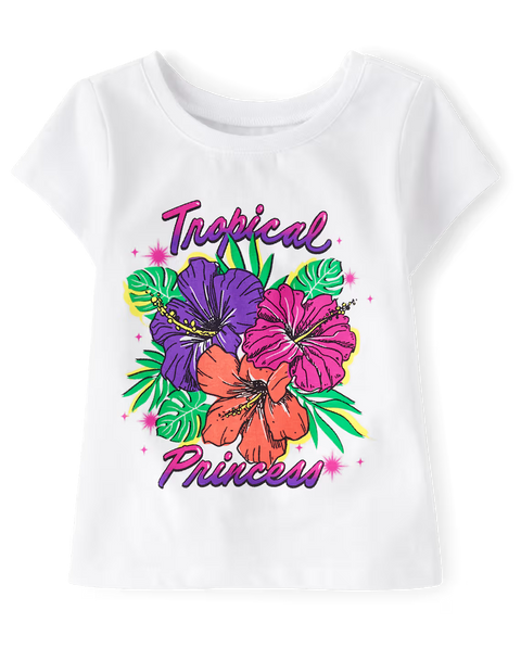 Camiseta Gráfica Diseño de Princesa Tropical Bebé Niña y Niña Pequeña - Blanco