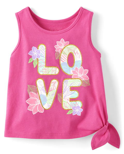 Blusa Sin Mangas Nudo Lateral Diseño Gráfico LOVE Bebé Niña y Niña Pequeña
