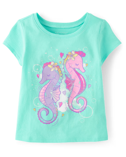 Camiseta Gráfica Caballito de Mar Bebé Niña y Niña Pequeña - Aqua