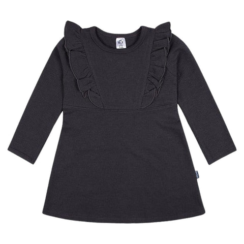 Vestido Manga Larga Detalle de Volantes Bebé Niña y Niña Pequeña - Carbón Vegetal