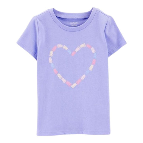 Camiseta Gráfica Manga Corta con Corazón de Ositos Niña Pequeña - Morado