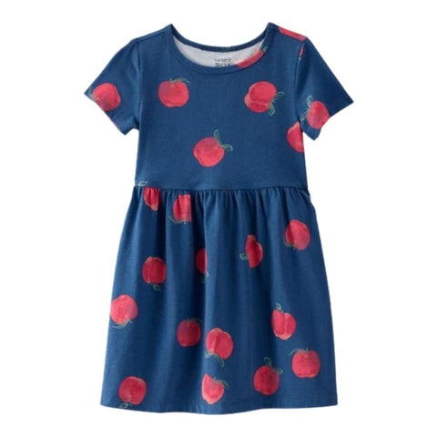Vestido Manga Corta Niña Pequeña Estampado de Manzanas - Azul Marino