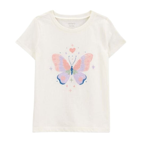 Camiseta Gráfica Manga Corta con Mariposa Niña Pequeña - Blanco