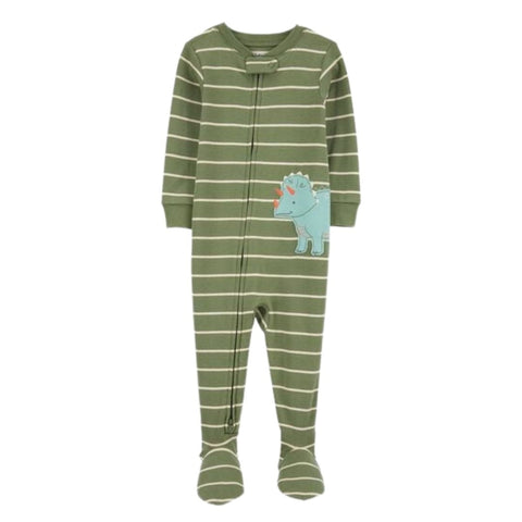 Pijama Enterizo a rayas Diseño de Dinosaurio y Pies Cubiertos Bebé Niño - Verde