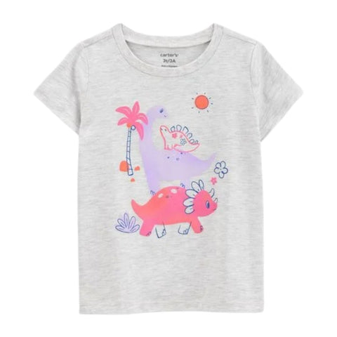 Camiseta Gráfica Manga Corta con Dinosaurio Niña Pequeña - Gris