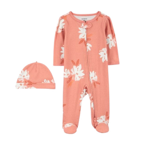 Pijama con Estampado Floral y Gorrito Bebé Niña