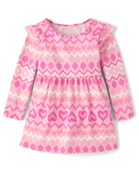 Vestido Fairisle Corazones y Mangas con Vuelo Bebé Niña y Niña Pequeña