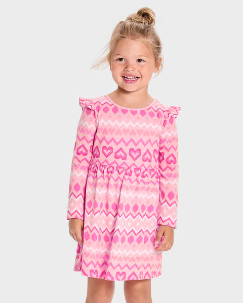 Vestido Fairisle Corazones y Mangas con Vuelo Bebé Niña y Niña Pequeña