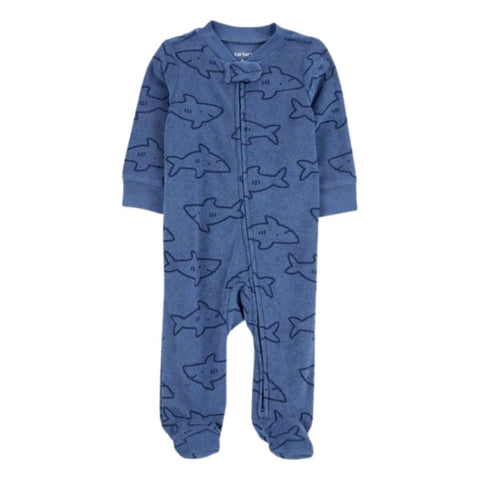 Pijama de Felpa Estampado de Tiburones y Cierre de Doble Vía Bebé Niño - Azul Marino