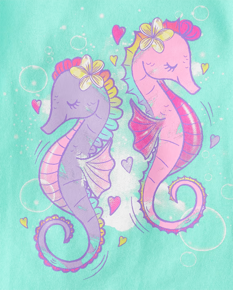Camiseta Gráfica Caballito de Mar Bebé Niña y Niña Pequeña - Aqua