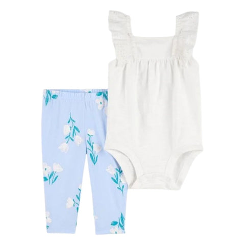 Body con Vuelos y Detalles de Bordado Inglés + Pantalón Bebé Niña - Blanco/Azul (Conjunto de 2 piezas)