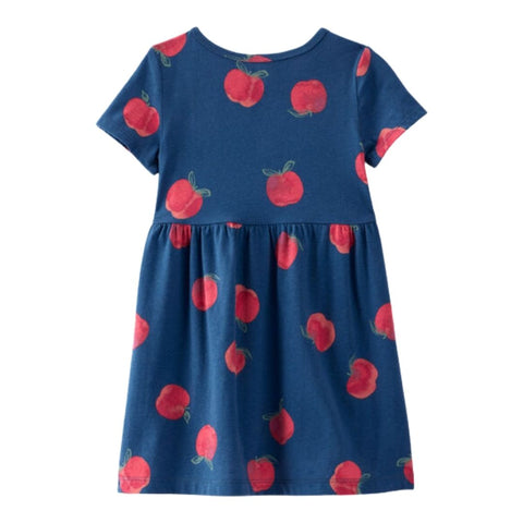Vestido Manga Corta Niña Pequeña Estampado de Manzanas - Azul Marino